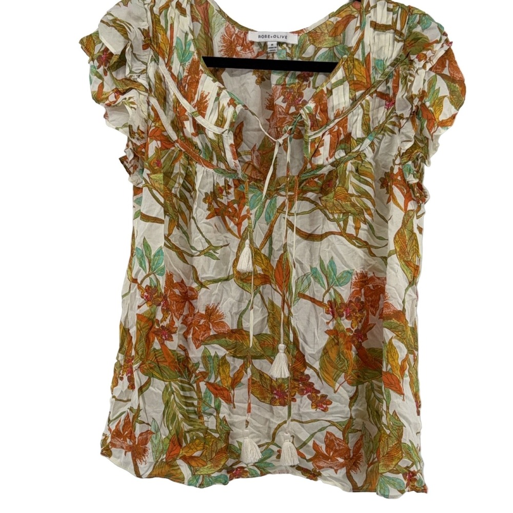 ROSE+OLIVE Women's White Floral Ruffle Sleeve Tie Neck Rayon Blouse M